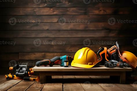 various tools and construction equipment on a wooden background 27450446 Stock Photo at Vecteezy