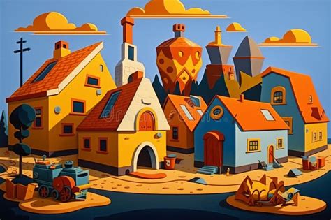 Vibrant Village Life: Colorful Painting of a Quaint Countryside Town ...