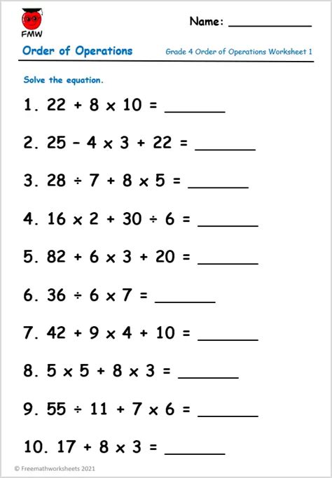 Printable Order Of Operations Worksheets With Answers