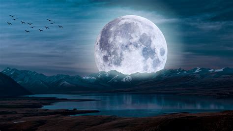 Moon Wallpaper 4K, Aesthetic, Night, Landscape, Lake