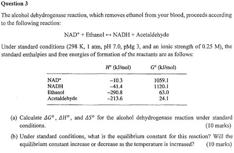 Solved Question 3 The alcohol dehydrogenase reaction, which | Chegg.com