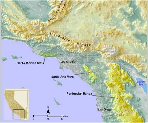 Topographic map depicting location of Santa Ana Mountains, eastern ...