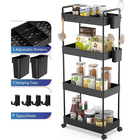 Slim Storage Cart, 4-Tier Utility Cart with Wheels Mobile Slide-Out ...