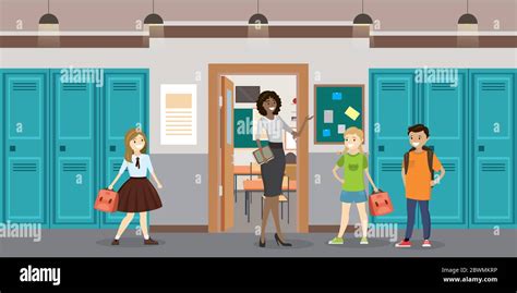 Cartoon Teacher and students in the school hall,school interior, flat vector illustration Stock ...