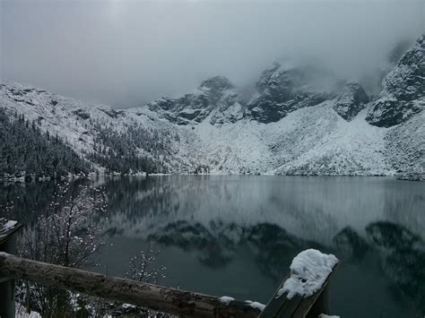 nature, no people, morskie oko, mountain peak, scenics - nature, pine woodland, winter, lake ...