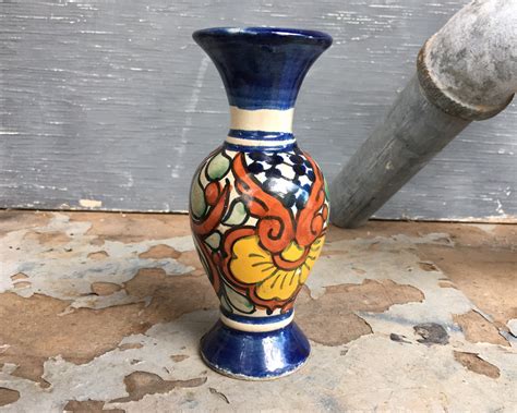 Small Talavera Pottery Bud Vase, Blue and White Decor for Southwest Home, Mexican Ceramics