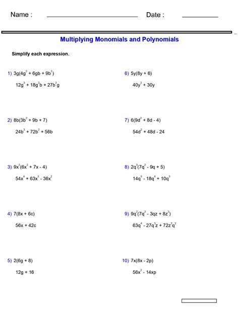 Pre-Algebra - Monomials and Polynomials Worksheets Multiplying ...