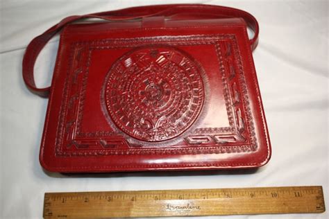 Hand Tooled Red Leather Purse, Mayan Aztecan Calendar… - Gem