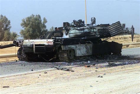 Iraq, May 2003: On the road to Baghdad, a US Marine Corps M1 Abrams Main Battle Tank lay ...