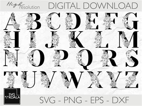 Floral Alphabet SVG Monogram Letter Alphabet Clipart Alphabet PNG Letter Cut Files A-Z Botanical ...