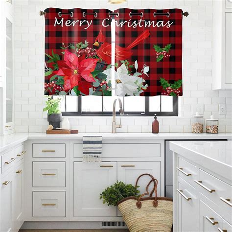 Amazon.com: 2 Panel Kitchen Curtains Christmas Cardinal on Poinsettia Window Curtain Sunlight ...