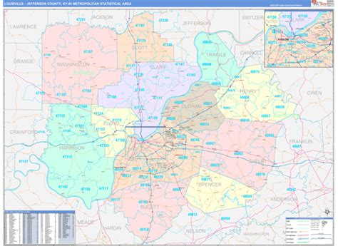 Louisville-Jefferson County, KY Metro Area Wall Map Color Cast Style by ...