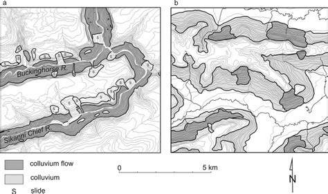 Examples of colluvium flows from a) NTS map area 94G8 (canyon-type ...