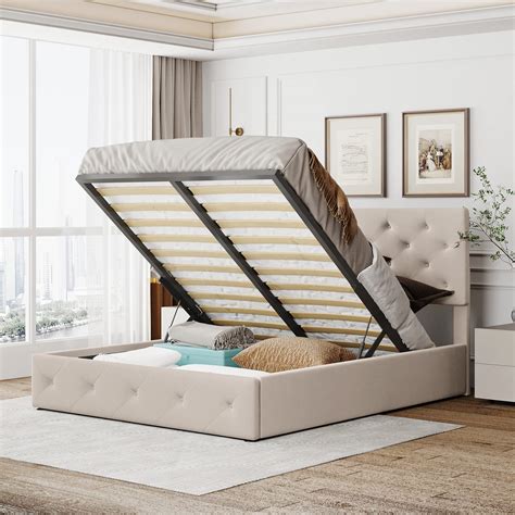 Lucia-Fabric (Beige Hydraulic Lift Up Storage Bed | lupon.gov.ph