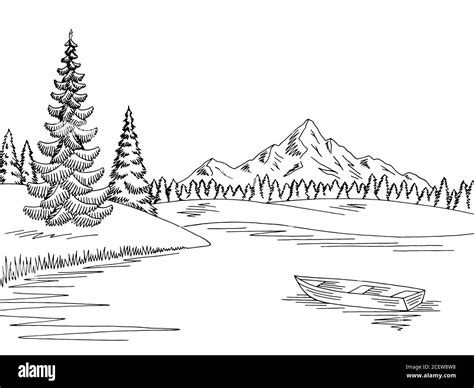 Mountain lake graphic black white landscape sketch illustration vector Stock Vector Image & Art ...