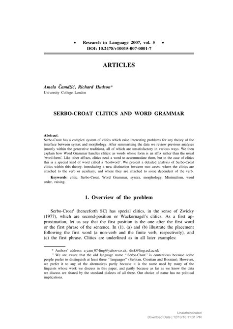 (PDF) Serbo-Croat Clitics And Word Grammar