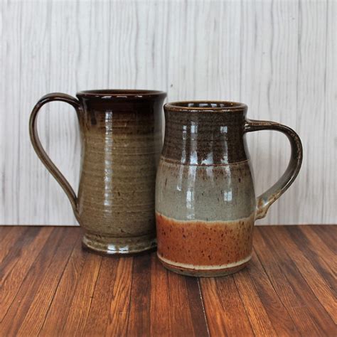 Vintage Stoneware Pottery Large 12 oz. Mug Coffee Cup Set of 2 Handmade Cream Beige Tan Hand ...