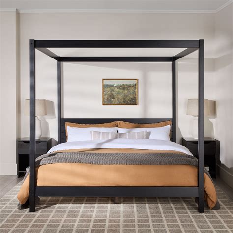 Walker Edison Minimalist Solid Wood King-Size Canopy Bedframe with Wooden Headboard, Black ...