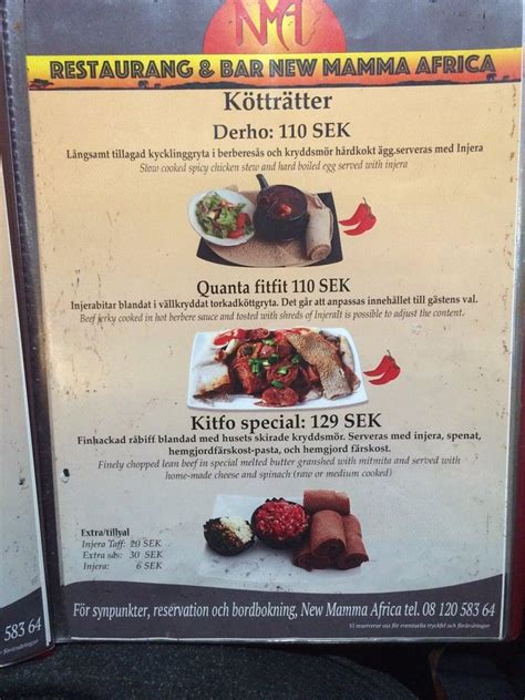 Menu at Mama Africa restaurant, Sollentuna