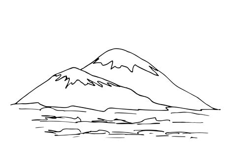 Hand-drawn black outline simple vector drawing. Contour of snowy mountain, lines, hills ...