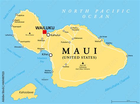 Maui, Hawaii, political map with capital Wailuku. Part of Hawaiian Islands and Hawaii, a state ...