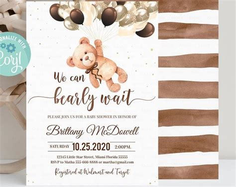 EDITABLE Cream Beige Boho Bear Prayers for Baby Gender Neutral We Can Bearly Wait Prayer Card ...