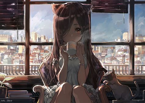 Brown haired female anime character illustration, anime, nekomimi, cat ...