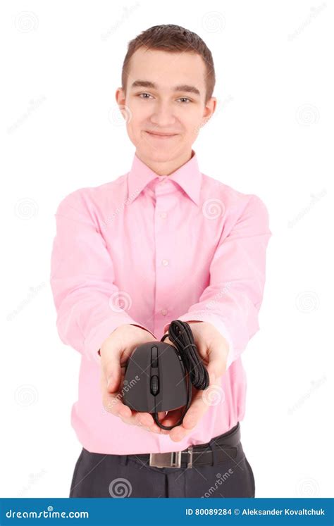 Young Man Holds In His Hand Black Computer Optical Mouse Stock Photo - Image of close, accessory ...