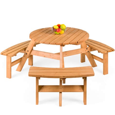 Best Choice Products 6-Person Circular Outdoor Wooden Picnic Table w/ 3 ...