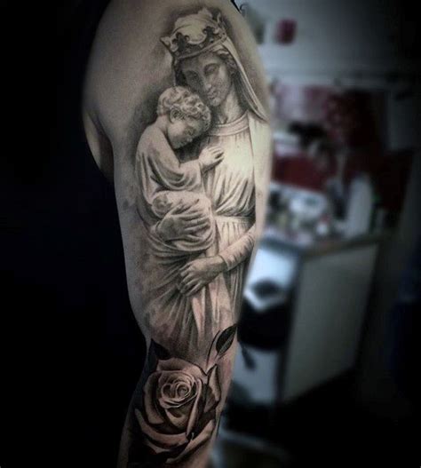 Guys Full Arm Tattoo Of Virgin Mary Holding Baby Jesus With Rose Flower #tattoosmensarms ...