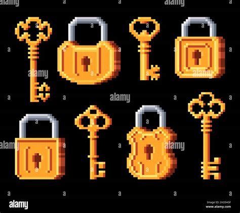 Vintage golden keys and padlocks. Pixel art 8bit game icons, door lock and keys. Vector vintage ...