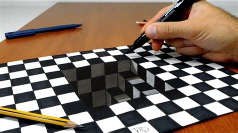 3D Trick Art on Paper Stairs in Chess | Optical illusions art, Paper ...