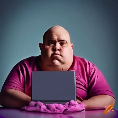 Photo of a man sitting at a pink computer with a network diagram on ...