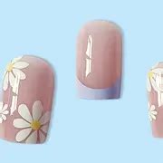 Flower Design French Tip Press On Nails - Square Acrylic False Nails For Women And Girls - Easy ...