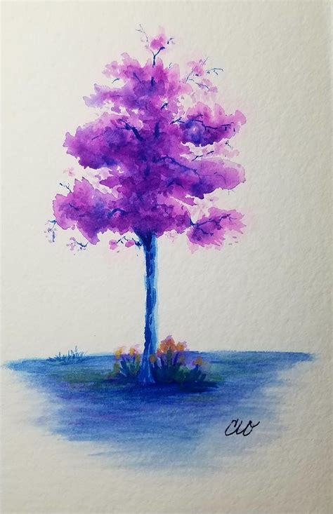 Little Purple Tree II. 4X6. Watercolor. : Art