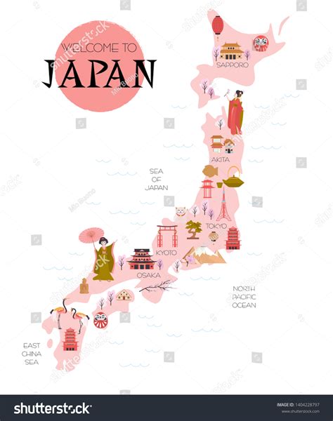 Illustrated Map Japan Traditional Elements Landmarks Stock Vector ...