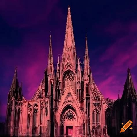 Gothic cathedral silhouetted against a pink sunset on Craiyon
