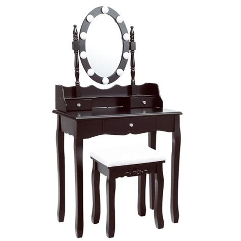 Tangkula Mirrored Vanity Table Set Lighted Makeup Dresser W/ Drawers Brown : Target