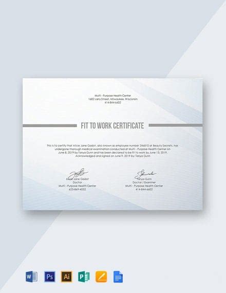 Free Fit to Work Certificate Template - Google Docs, Word, Publisher | Template.net