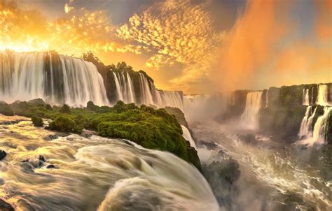 Wallpaper river, sunrise, dawn, panorama, waterfalls, Brazil, cascade ...