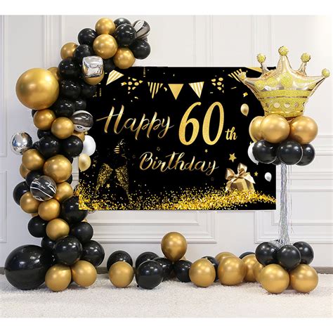 60th Birthday Decoration Party Banner, Happy Birthday Backdrop Large Black Gold Sign Poster 60th ...