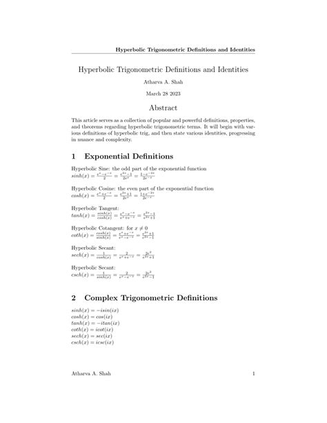 (PDF) Hyperbolic Trigonometric Definitions and Identities