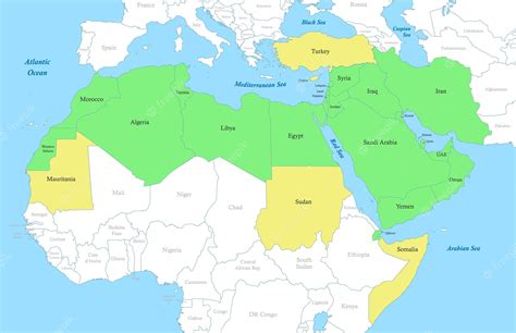 Premium Vector | Map of mena region with borders of the states