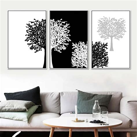 3 Piece Modern Minimalist Black White Panels Trees Canvas Painting Wall Art Decor Poster And ...