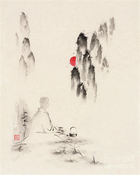 Zen sumi-e artwork of a monk meditating during the sunset in mis Painting by Awen Fine Art ...