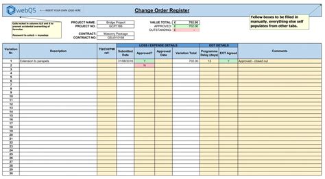 Change Order Form / Change Log Excel Template - webQS