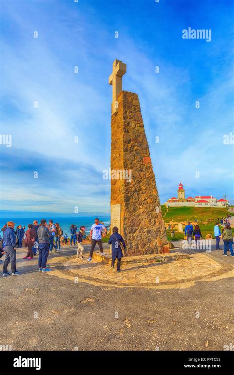 Cabo da Roca, Portugal - March 28, 2018: Monument declaring Cabo da Roca as the westernmost ...