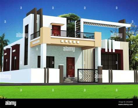 3D rendering of a house exterior design withan open gate Stock Photo ...