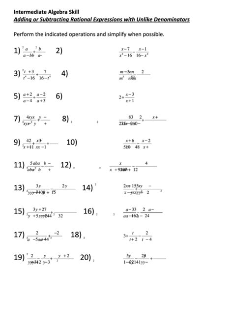 Intermediate Algebra Skill - Adding Or Subtracting Rational Expressions ...