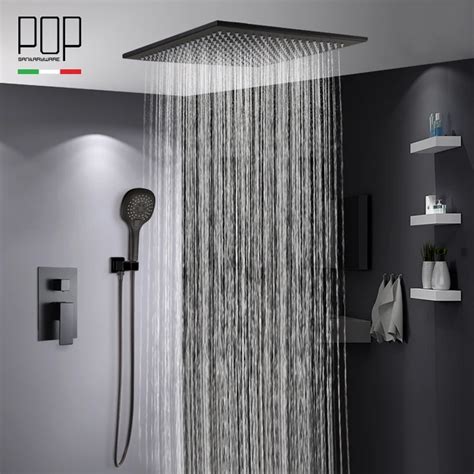 POP Bathroom Luxury Rain Mixer Shower Combo Set, Ceiling Mounted Matte ...